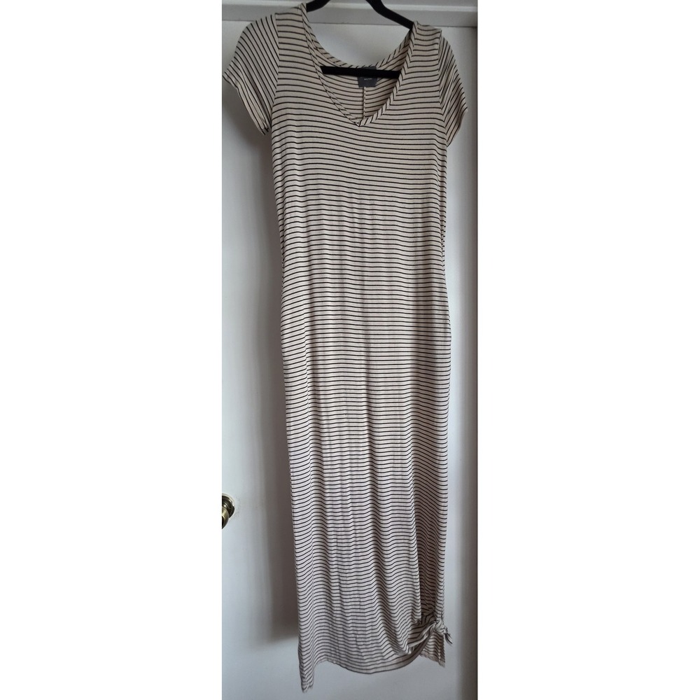 Olivia Rae Maxi Dress XS Striped Beige Black V-Neck Short Sleeve Sundress Gown